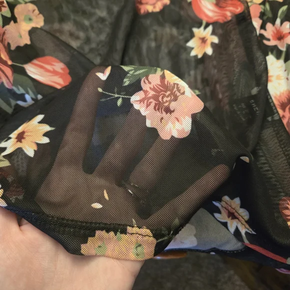 Black Sheer Mesh Floral Long Sleeve Mock Neck Top - Picture 4 of 5